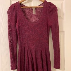 Free People Maroon Lace Long Sleeve Dress